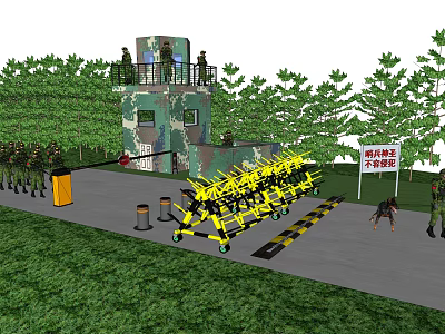 Military Training Ground with Camouflage Guard Tower Soldiers Yellow Obstacles Warning Sign and Green Vegetation 3d model