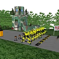 Military Training Ground with Camouflage Guard Tower Soldiers Yellow Obstacles Warning Sign and Green Vegetation