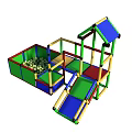 Colorful Kids Play Area with Slide Ball Pit and Multi level Playhouse Roof Structure