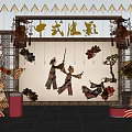 Traditional Chinese Shadow Puppetry Art Installation Featuring Puppet Figures Decorative Lanterns And Red Drums