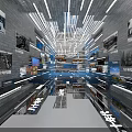Modern Exhibition Hall Long Corridor With Brick Walls Black White Photos Blue Lighting