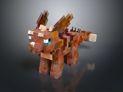 Minecraft Style Pixelated Blocky Dragon Game Character With Brown Orange Colors And Glowing Blue Eyes 3d model