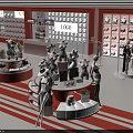 Clothing Store Interior Design With Mannequins Round Display Tables And Red White Decor