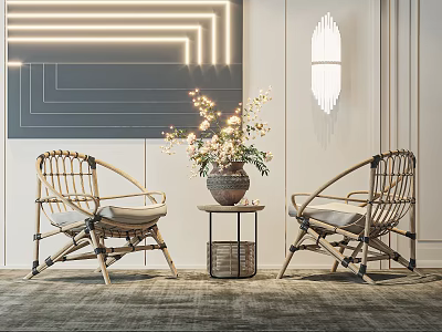 Rattan Accent Chairs With Side Table Flower Arrangement And Neon Light Decor In Modern Interior 3d model