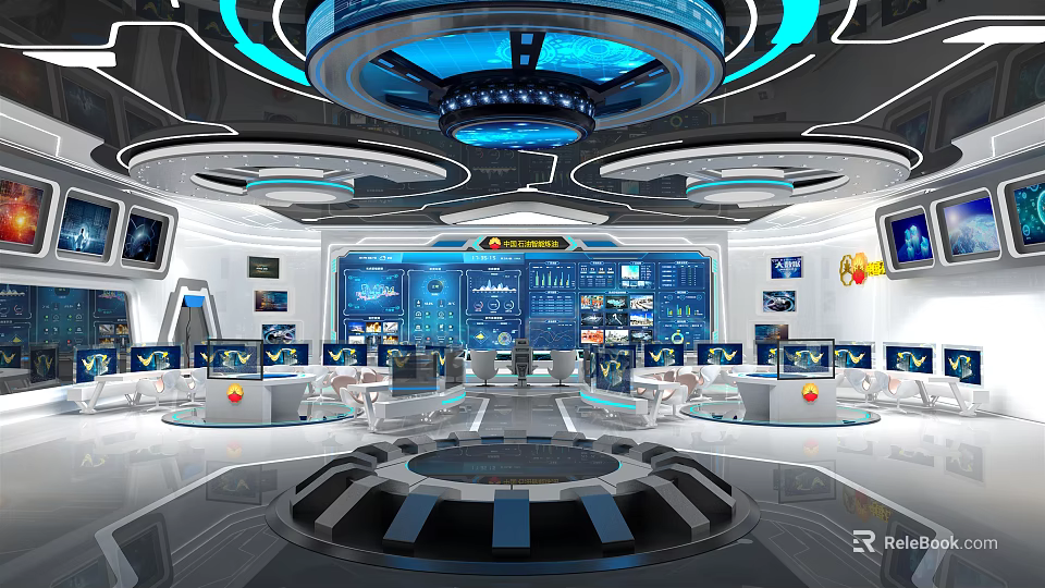 Futuristic Control Room Featuring Multiple Screens High Tech Equipment And Blue Lighting 3d model 