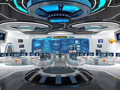 Futuristic Control Room Featuring Multiple Screens High Tech Equipment And Blue Lighting 3d model