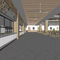 Spacious Cafeteria Interior With Food Counters Menu Boards And Wooden Ceiling 3d model