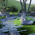 Japanese Style Garden Courtyard With Stone Pathways Lush Greenery Rock Formations And Stone Lanterns