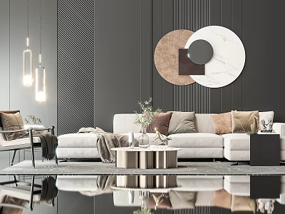 Light Colored Sofa And Coffee Table Set With Pillows Pendant Lights And Geometric Wall Decor 3d model