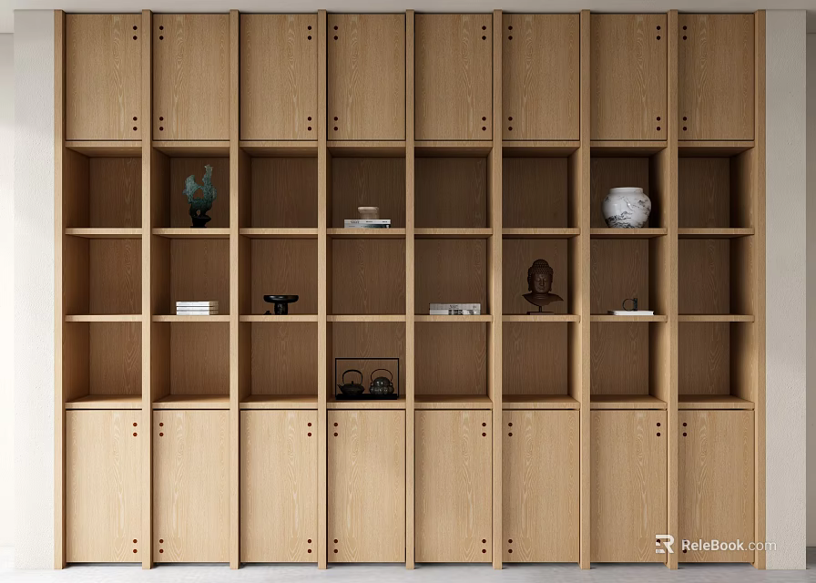 Light Wood Bookcase With Multiple Open Shelves Holding Decorative Vases And Books 3d model 