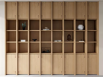 Light Wood Bookcase With Multiple Open Shelves Holding Decorative Vases And Books 3d model
