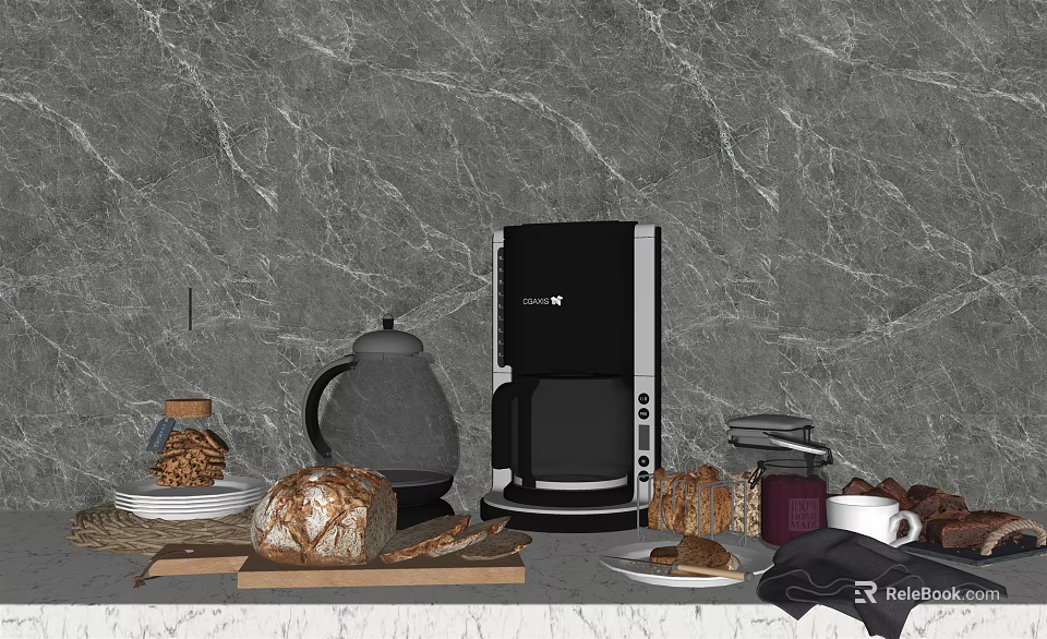 Fresh Homemade Bread And Coffee On Marble Countertop With Jars And Plates 3d model 