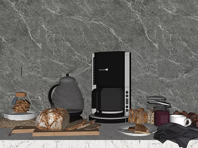Fresh Homemade Bread And Coffee On Marble Countertop With Jars And Plates 3d model