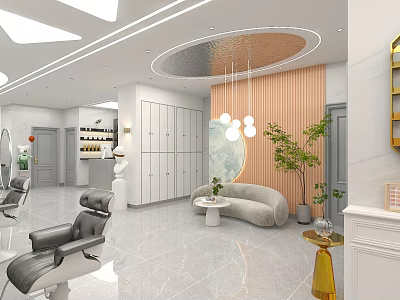 Modern Beauty and Hair Salon Interior with Comfortable Seats Lockers Mirrors Plants and Lighting 3d model