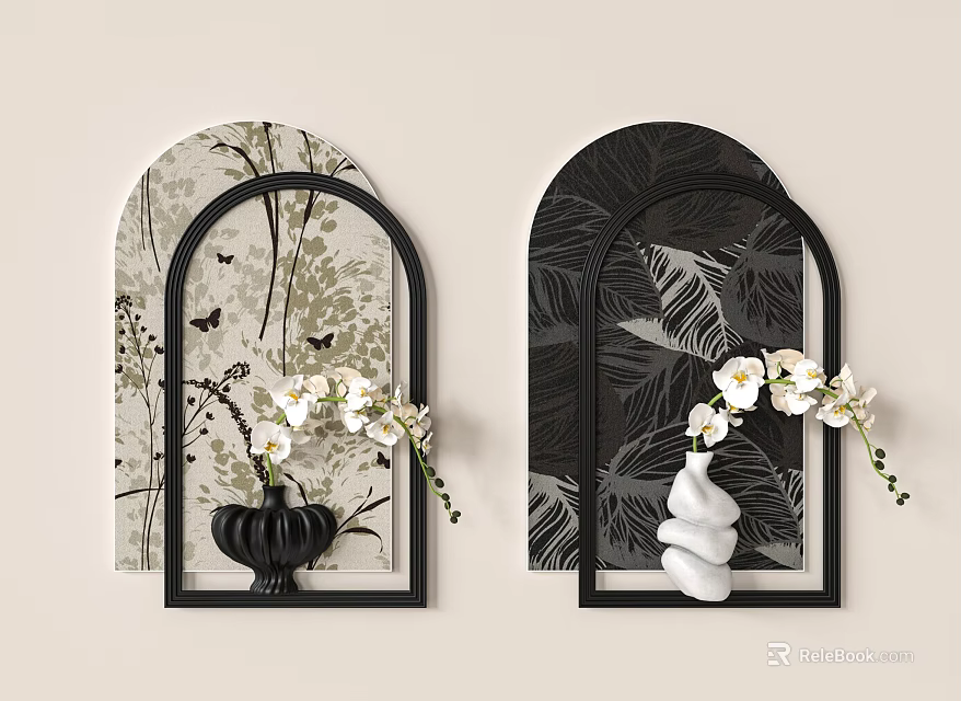 Stylish Arched Wall Decor with Botanical Patterns Butterflies White Flowers Vases and Shell Like Decor 3d model 