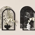 Stylish Arched Wall Decor with Botanical Patterns Butterflies White Flowers Vases and Shell Like Decor