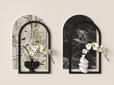Stylish Arched Wall Decor with Botanical Patterns Butterflies White Flowers Vases and Shell Like Decor 3d model