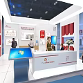 China Telecom Exhibition Booth With White Red Design And Reception Desk Area