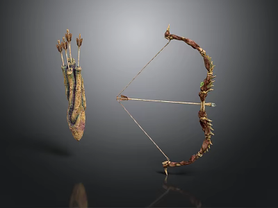 Traditional Bow and Arrow Weapon Set with Decorative Quiver and Feathered Arrows 3d model