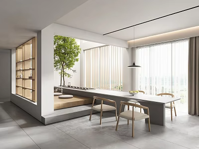 Modern Tea Room Interior With Open Layout Wooden Shelves Green Plant Long Table And Chairs 3d model