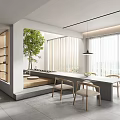 Modern Tea Room Interior With Open Layout Wooden Shelves Green Plant Long Table And Chairs