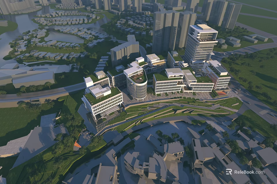 Modern Office Buildings With Multiple Structures Green Roof And Surrounding Greenery 3d model 