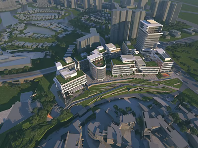Modern Office Buildings With Multiple Structures Green Roof And Surrounding Greenery 3d model