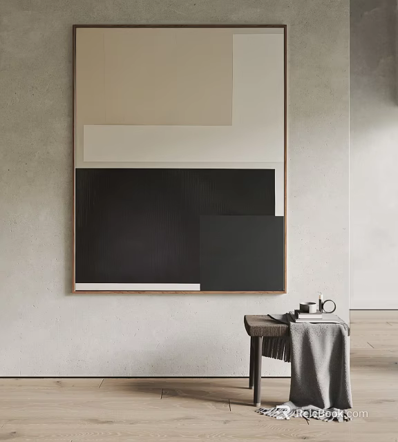 Abstract Wall Art In Minimalist Interior With Gray Wall And Small Table Decor 3d model