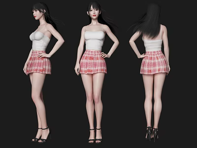 A Woman Wearing White Camisole Red Plaid Skirt And Black High Heels With Long Hair 3d model