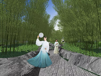Chinese Garden Landscape With Bamboo Grove Wooden Path And People In Traditional Dress 3d model