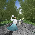 Chinese Garden Landscape With Bamboo Grove Wooden Path And People In Traditional Dress