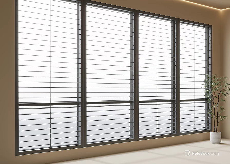 Modern Interior With Large Windows And White Blinds Near Potted Plant 3d model 