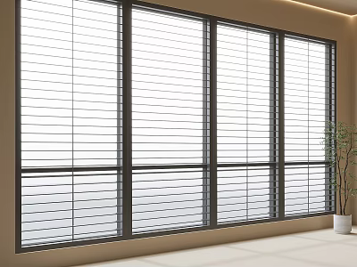 Modern Interior With Large Windows And White Blinds Near Potted Plant 3d model