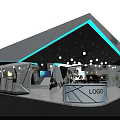 Modern Exhibition Booth Design With White Blue Geometric Structure Hanging Lights And Logo