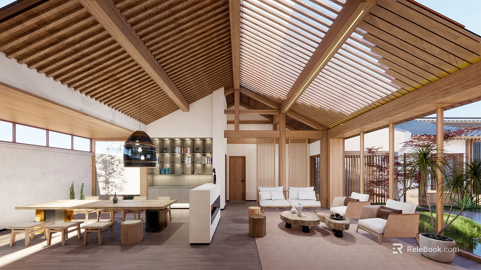 Elegant Living Room Interior With Wooden Ceiling Skylight Natural Light Sofa Coffee Table Open Space 3d model 