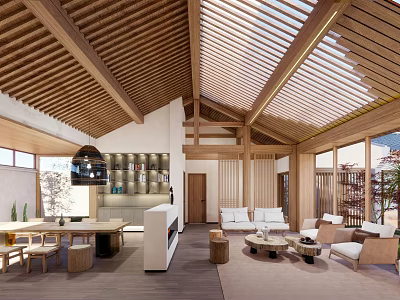 Elegant Living Room Interior With Wooden Ceiling Skylight Natural Light Sofa Coffee Table Open Space 3d model