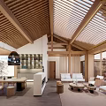 Elegant Living Room Interior With Wooden Ceiling Skylight Natural Light Sofa Coffee Table Open Space
