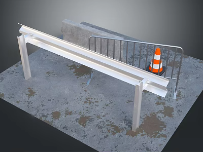 Construction Site Components Featuring Metal Beam Railing Concrete Block And Orange Traffic Cone 3d model