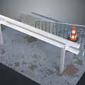 Construction Site Components Featuring Metal Beam Railing Concrete Block And Orange Traffic Cone