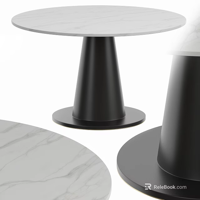 Modern Round Dining Table With Smooth Marble Top And Black Conical Base 3d model
