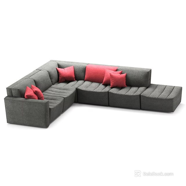 Gray Sectional Sofa With Red Cushions Modern Living Room Comfortable Seating Design 3d model