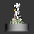 3D Black And White Spotted Cow Figure With Bell Grass And Wooden Fence On Base