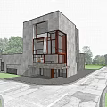 Modern Detached Villa Exterior Design With Large Glass Windows Lawn And Driveway