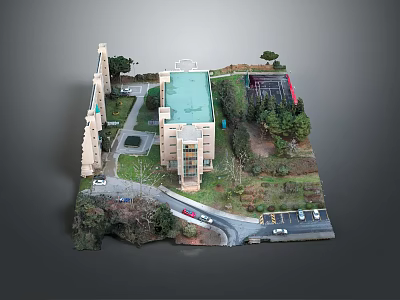Cartoon Scene Featuring Buildings Green Roof Road Trees And Parking Lot Design 3d model