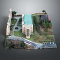 Cartoon Scene Featuring Buildings Green Roof Road Trees And Parking Lot Design