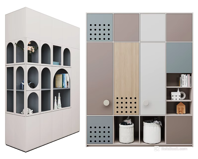 Modern Wardrobe With Arched Open Shelves Modular Multi colored Panels And Storage Baskets 3d model