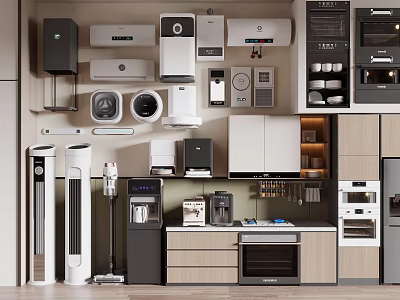 Various Home Appliances Display Including Air Conditioners Vacuum Cleaners Coffee Makers Ovens And Cabinets 3d model