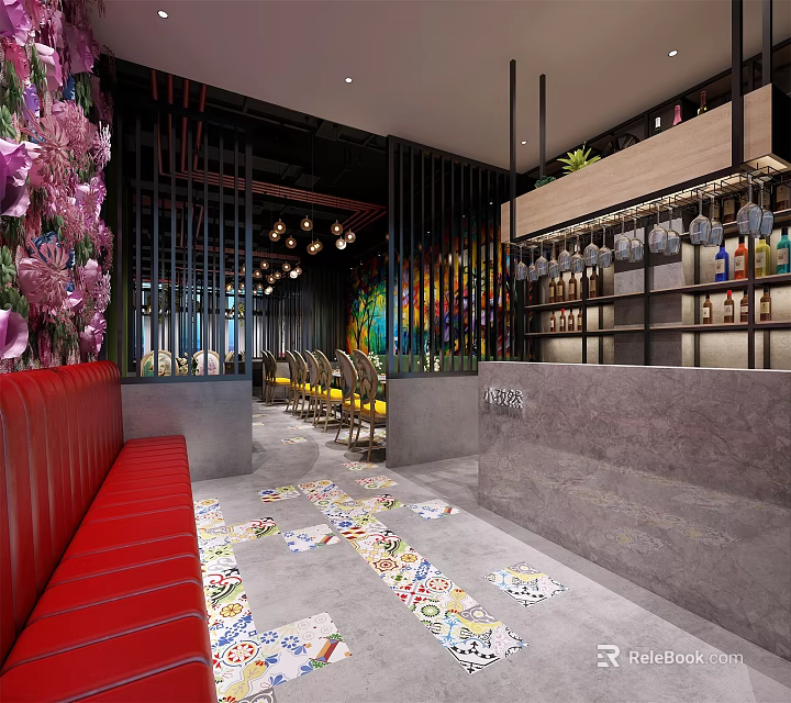 Stylish Restaurant Interior With Red Sofa Seats Floral Wall Colorful Mural Bar And Wine Bottles 3d model 