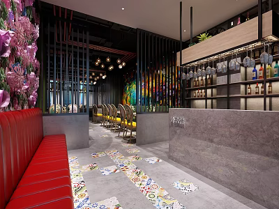 Stylish Restaurant Interior With Red Sofa Seats Floral Wall Colorful Mural Bar And Wine Bottles 3d model