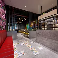 Stylish Restaurant Interior With Red Sofa Seats Floral Wall Colorful Mural Bar And Wine Bottles